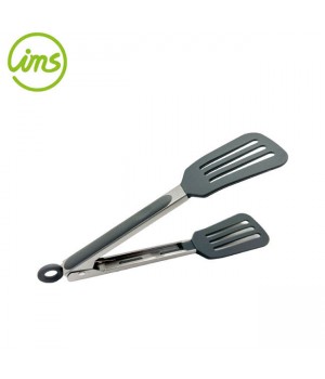 9" Non-Stick Stainless Steel Slotted Spatula Locking Tongs With Silicone Tip