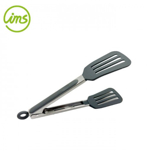 9" Non-Stick Stainless Steel Slotted Spatula Locking Tongs With Silicone Tip