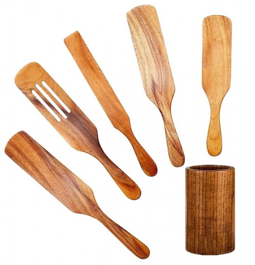 Natural Teak Wood 4-Piece Kitchen Utensil Set with Precision Crafted Spatula