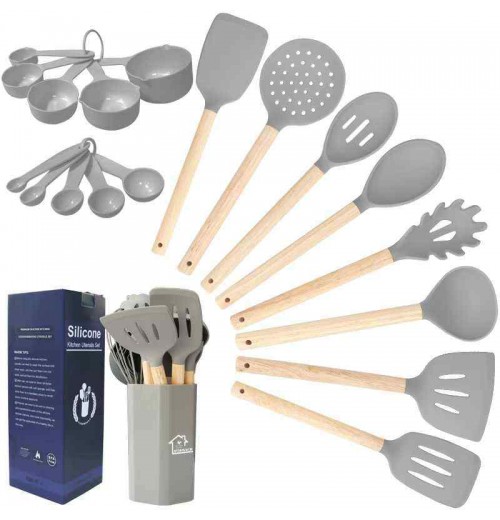 Heat Resistant Silicone Kitchen Utensil Sets Non Stick Silicone Cooking Utensil Set with Wood Handle