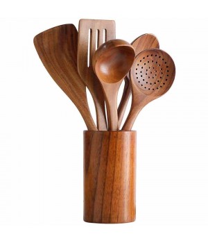 Hot Trending High Quality Teak Wood Kitchen Utensils 5PCS Modern Convenient Kitchen Accessories Set Engraved