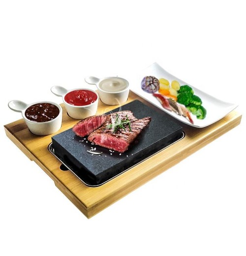 Wholesale hot selling steak cook Complete Set Lava Hot cooking stone with bamboo Plate Indoor BBQ