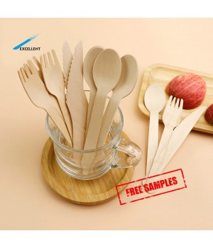 Free Samples Wholesale Custom LOGO 100% biodegradable Disposable Wooden Kitchen Spoon Knife Set Fork Cutlery