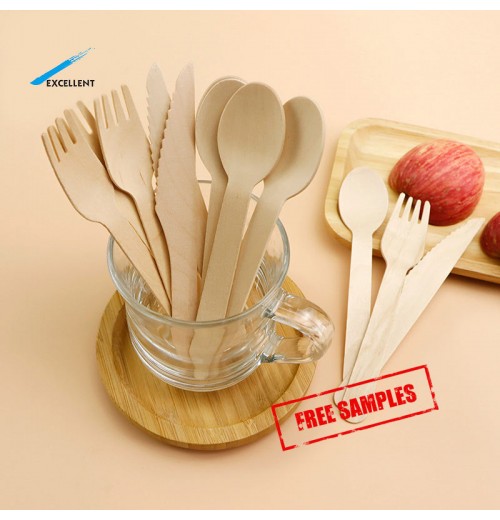 Free Samples Wholesale Custom LOGO 100% biodegradable Disposable Wooden Kitchen Spoon Knife Set Fork Cutlery