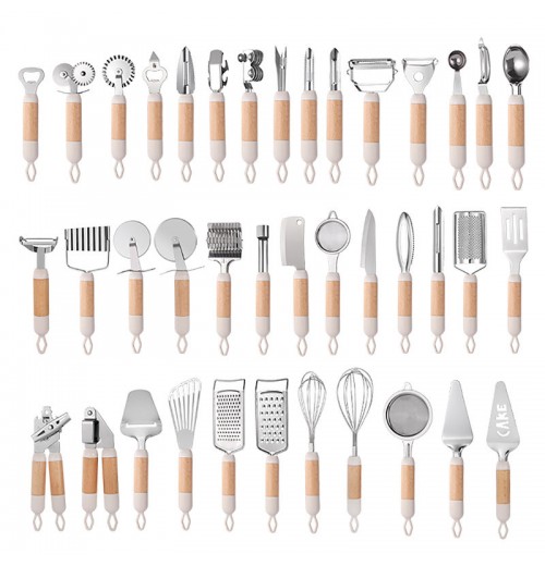 39pcs Hot selling Mutli functional stainless steel kitchen utensils set home cooking tools kitchen gadgets set with beech wood