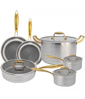 Wholesale and Retail 3Ply Hammered Stainless Steel Pot and Pan Non-stick Honeycomb Pan10Pcs Gold Stainless Steel Cookware Set