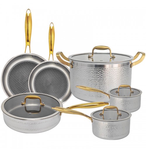 Wholesale and Retail 3Ply Hammered Stainless Steel Pot and Pan Non-stick Honeycomb Pan10Pcs Gold Stainless Steel Cookware Set