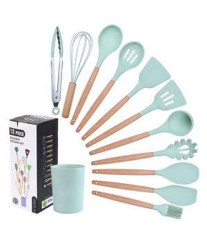 Wood Handle Silicone Kitchen Utensils Set with Wooden Spatula and Tongs