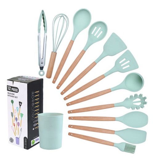 Wood Handle Silicone Kitchen Utensils Set with Wooden Spatula and Tongs