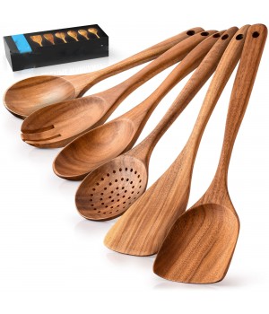 Wooden Cooking Utensils 6-Piece Teak Wooden Utensils For Cooking Bamboo Spoons Sets Soft Comfortable Grip Wooden Utensil Set