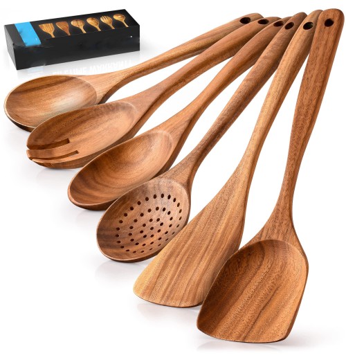 Wooden Cooking Utensils 6-Piece Teak Wooden Utensils For Cooking Bamboo Spoons Sets Soft Comfortable Grip Wooden Utensil Set