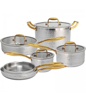 Wholesale and Retail 3 Ply Hammered Stainless Steel Pots and Pans induction pot 10Pcs Gold Stainless Steel Cookware Set