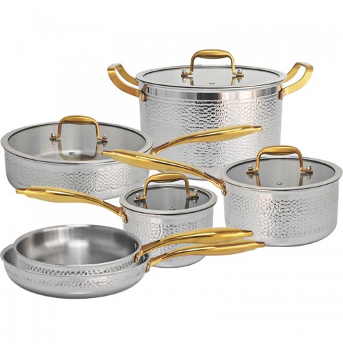 Wholesale and Retail 3 Ply Hammered Stainless Steel Pots and Pans induction pot 10Pcs Gold Stainless Steel Cookware Set