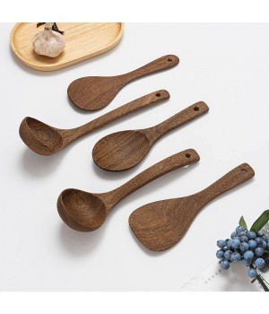 Wooden Kitchen Utensil Set 5 Cooking Utensils Spatula Spoons for Cooking Nonstick Cookware 100% Handmade by Natural Teak Wood