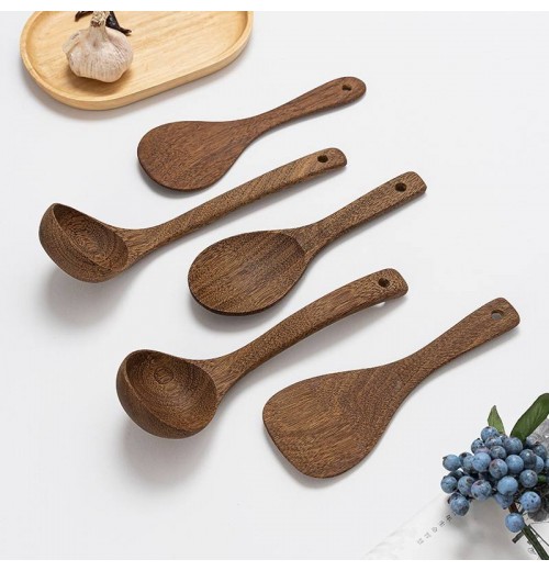 Wooden Kitchen Utensil Set 5 Cooking Utensils Spatula Spoons for Cooking Nonstick Cookware 100% Handmade by Natural Teak Wood