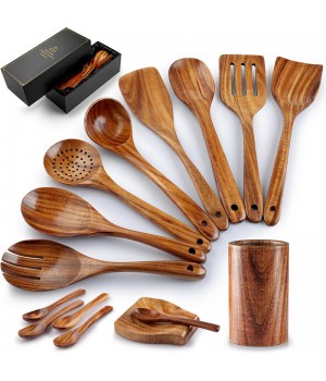 High Quality 15 Piece Natural Teak Wooden Kitchen Utensil Set for Cooking with Customized Gift Box