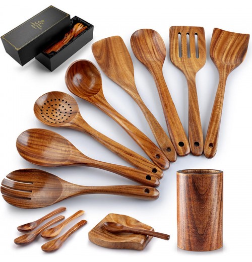 High Quality 15 Piece Natural Teak Wooden Kitchen Utensil Set for Cooking with Customized Gift Box