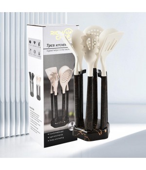 Hot Sale Kitchen Silicone and PP Black or White Cooking Utensils Sets Non-Stick Pot Soup Spoon Cooker Supplies with Spatula Rack