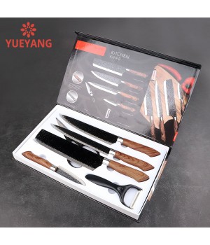 YUEYANG Hot Selling Wood Grain Pattern Kitchen Knives Stainless Steel Knife Set For Kitchen Coating Kitchen Knife Accessories