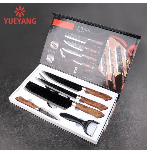 YUEYANG Hot Selling Wood Grain Pattern Kitchen Knives Stainless Steel Knife Set For Kitchen Coating Kitchen Knife Accessories