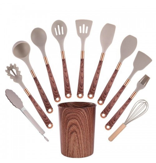 12-piece Kitchen utensils BPA-Free Silicone Custom LOGO cooking Tools Kitchen Accessories Kitchen Tools With Wood Handle