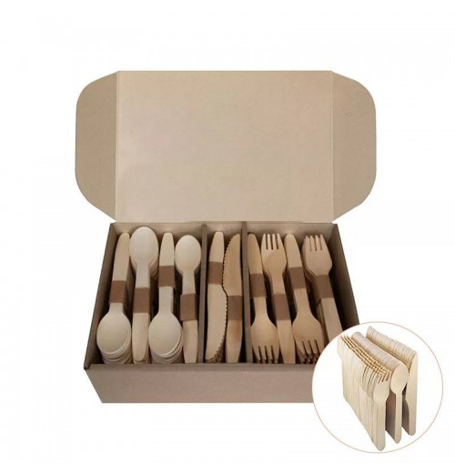 Eco Friendly 160mm Wood Degradable Biodegradable Table Handle Knife Fork Spoon Spork Disposable Set Wooden Cutlery For Kitchen