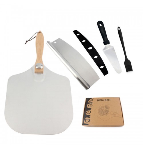 Kitchen Accessories Wooden Handle Aluminum Pizza Peel Shovel Set With Rocker Cutter Spatula Brush