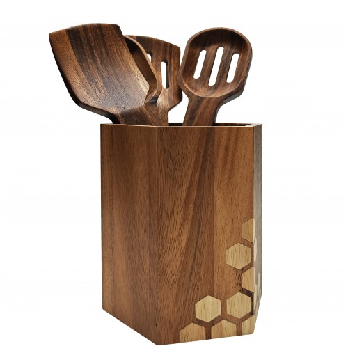 High Quality kitchen tools Acacia Wood Kitchen Cooking Set Wood 4 Piece Utensil With Holder