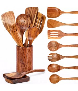 Oem Custom Logo 9 Pcs Natural Teak Wooden Kitchen Utensils Set Wood Utensils