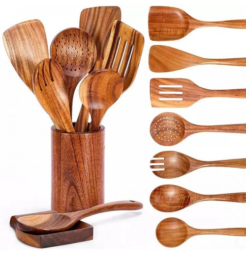 Oem Custom Logo 9 Pcs Natural Teak Wooden Kitchen Utensils Set Wood Utensils