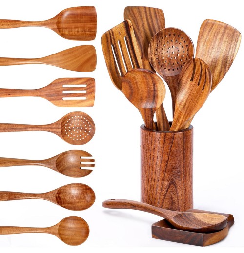 Cooking Spoons With Nonstick Spatula Set Wooden Spoons For Cooking Utensils Wooden Tableware Sustainable 10 Utensil Wood