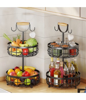 Dual Banana Tree Hanger 2-Tier Fruit Vegetable Storage Wood Lift Handle Kitchen Countertop Metal Wire Basket Potatoes Utensil