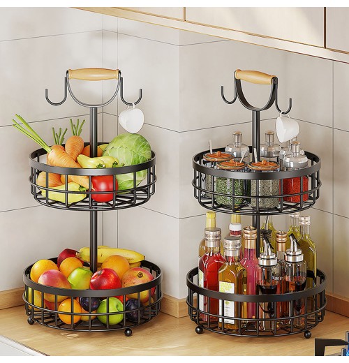 Dual Banana Tree Hanger 2-Tier Fruit Vegetable Storage Wood Lift Handle Kitchen Countertop Metal Wire Basket Potatoes Utensil