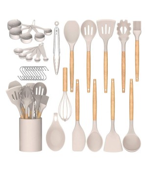 Luxury kitchen cooking tool gadgets accessories utensils set with holder cookware wooden silicone kitchen cooking utensil sets