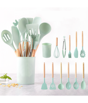 Kitchen Accessories Cheap Durable Non-Stick Silicone Kitchenware Kit 12-Piece Wooden Handle Silicone Cooking Utensil Set