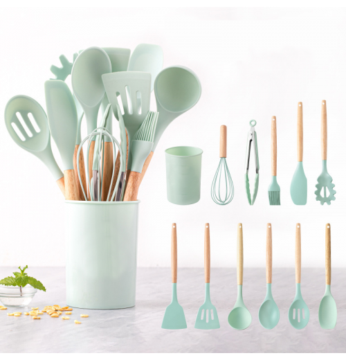 Kitchen Accessories Cheap Durable Non-Stick Silicone Kitchenware Kit 12-Piece Wooden Handle Silicone Cooking Utensil Set