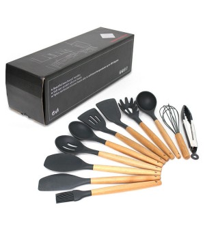 Silicone Cooking Utensil Set Kitchen Cooking Non-stick Heat Resistant Kitchen Gadgets Cookware with Natural Wooden Handle