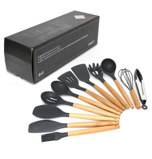 Silicone Cooking Utensil Set Kitchen Cooking Non-stick Heat Resistant Kitchen Gadgets Cookware with Natural Wooden Handle