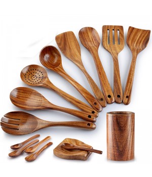 Hot Sale Kitchen Items 15 in 1 Wood Teak Wooden Cooking Turners Spoons Spatula Utensil Sets