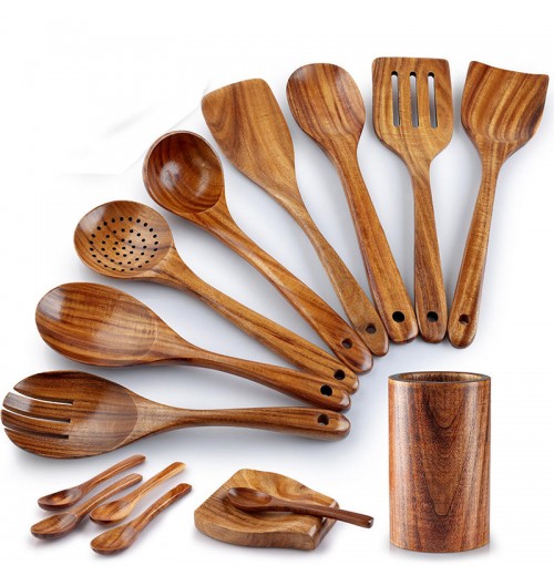 Hot Sale Kitchen Items 15 in 1 Wood Teak Wooden Cooking Turners Spoons Spatula Utensil Sets