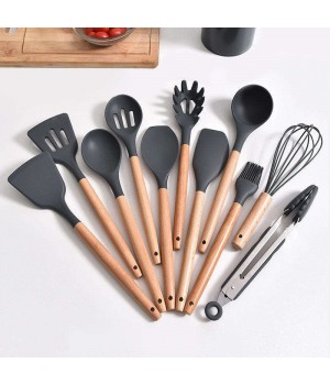 Hot Sale Silicon Cooking Wooden Handle Tools Set Customized 12 Pc Silicone Kitchen Utensil Set For Cooking Baking