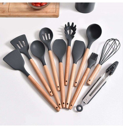 Hot Sale Silicon Cooking Wooden Handle Tools Set Customized 12 Pc Silicone Kitchen Utensil Set For Cooking Baking